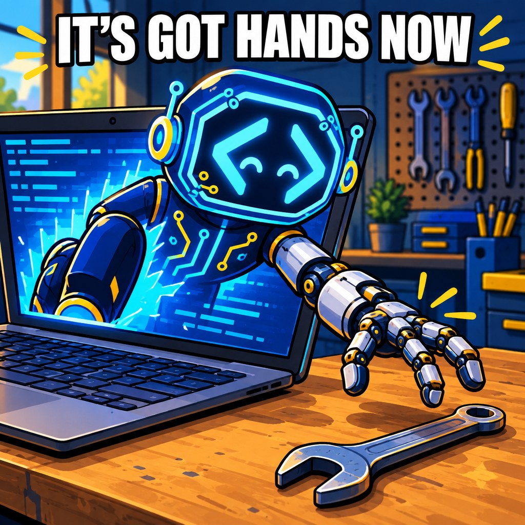 A friendly cartoon AI agent made of code brackets climbs halfway out of a laptop screen, one leg still inside, reaching a mechanical robotic arm toward a physical wrench on a workbench
