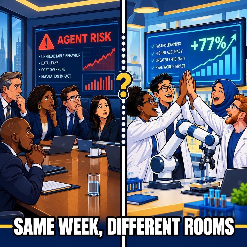 A split panel comic, left side worried executives around a conference table staring at a screen reading agent risk, right side excited scientists high fiving over a robot arm and a screen reading plus 77 percent, a question mark connects the two