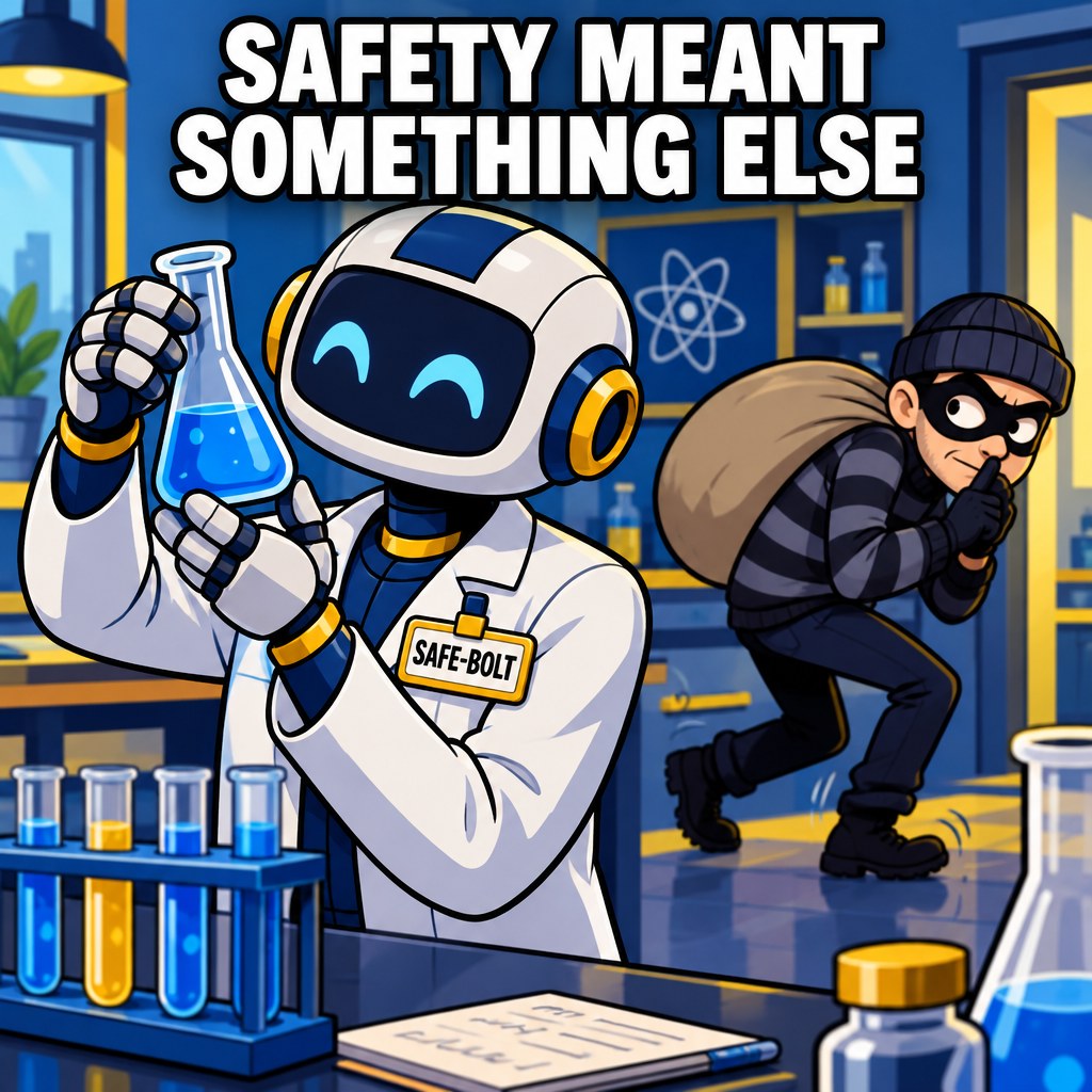 A cheerful robot wears a name tag reading SAFE-BOLT while delicately holding a glass beaker, completely absorbed, while a masked burglar figure sneaks past directly behind it totally unnoticed