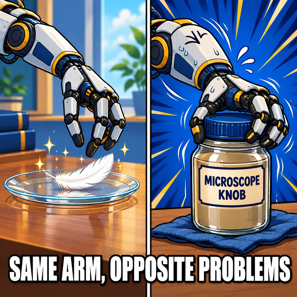 A side by side two panel comic of the same robotic arm, left panel gently balancing a feather on a glass plate, right panel straining with motion lines to twist open a stuck jar labeled microscope knob