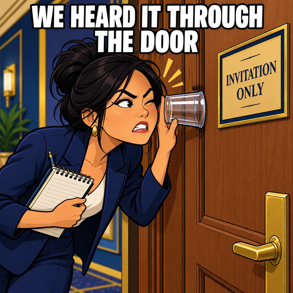 A reporter presses a glass cup against a closed wooden conference room door to listen in, notebook in hand, straining expression, a small sign on the door reads invitation only