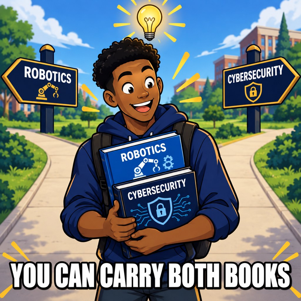 A student stands at a crossroads holding two textbooks stacked together, one labeled robotics and one labeled cybersecurity, a bright lightbulb popping above their head