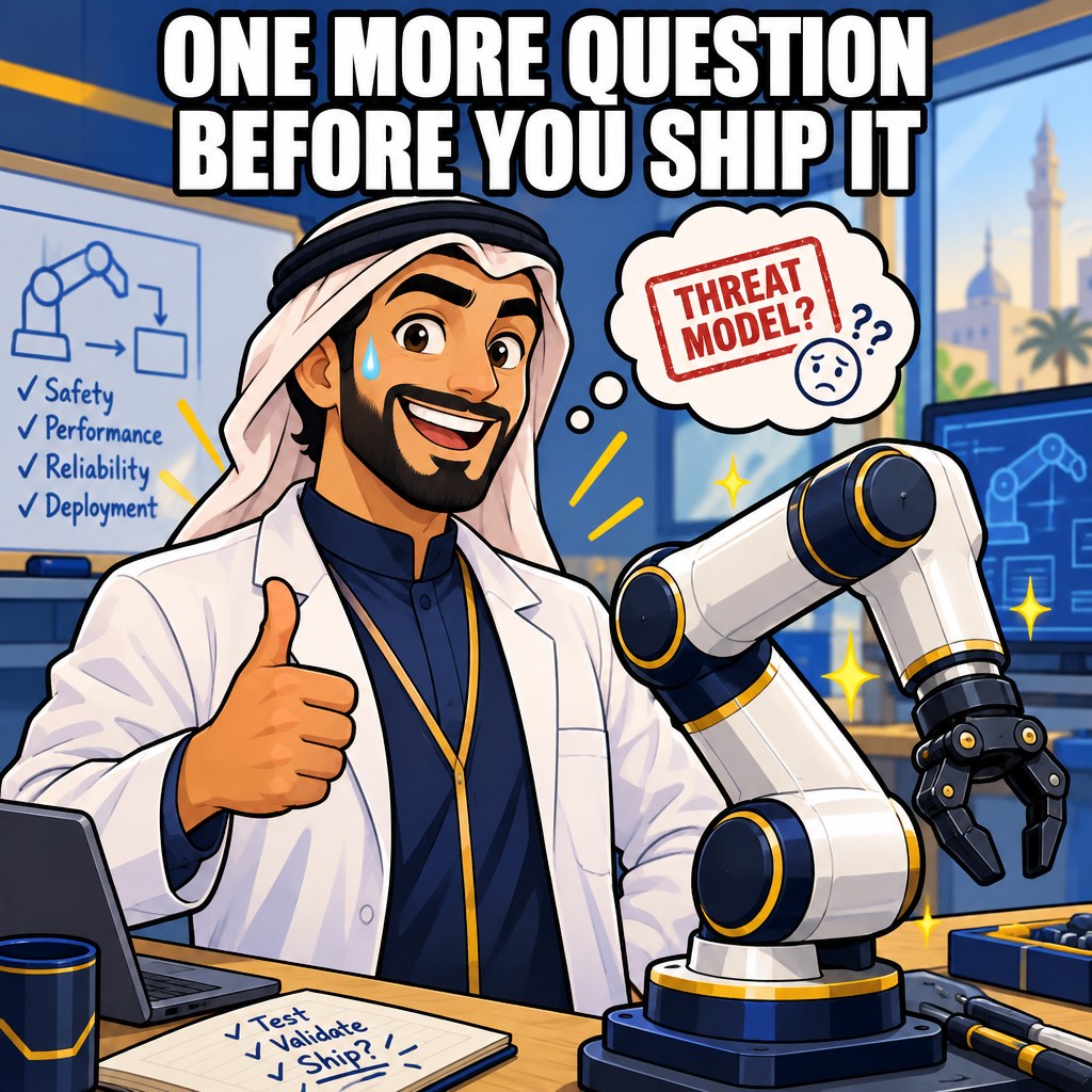 A proud researcher stands beaming next to a shiny new robot arm giving a thumbs up, a small thought bubble above shows a tiny confused stamp reading threat model with a sweat drop