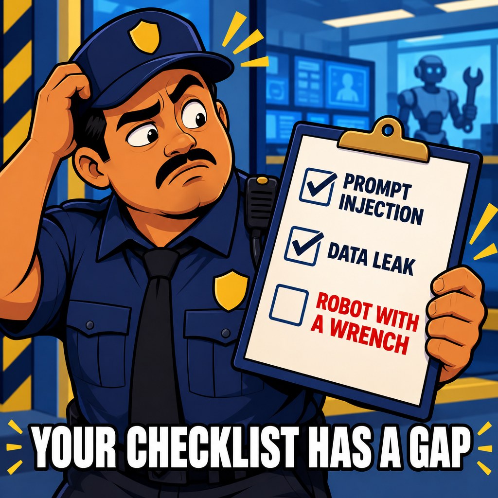 A confused security guard holds a corporate checklist clipboard with checkmarks next to prompt injection and data leak, but a big empty unchecked box at the bottom reads robot with a wrench in bold red