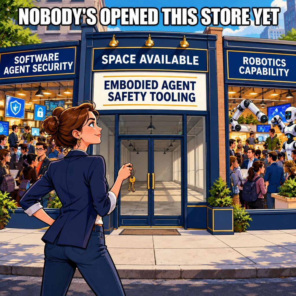 A determined founder stands with keys in hand in front of an empty storefront with a space available sign reading embodied agent safety tooling, two crowded storefronts next door read software agent security and robotics capability