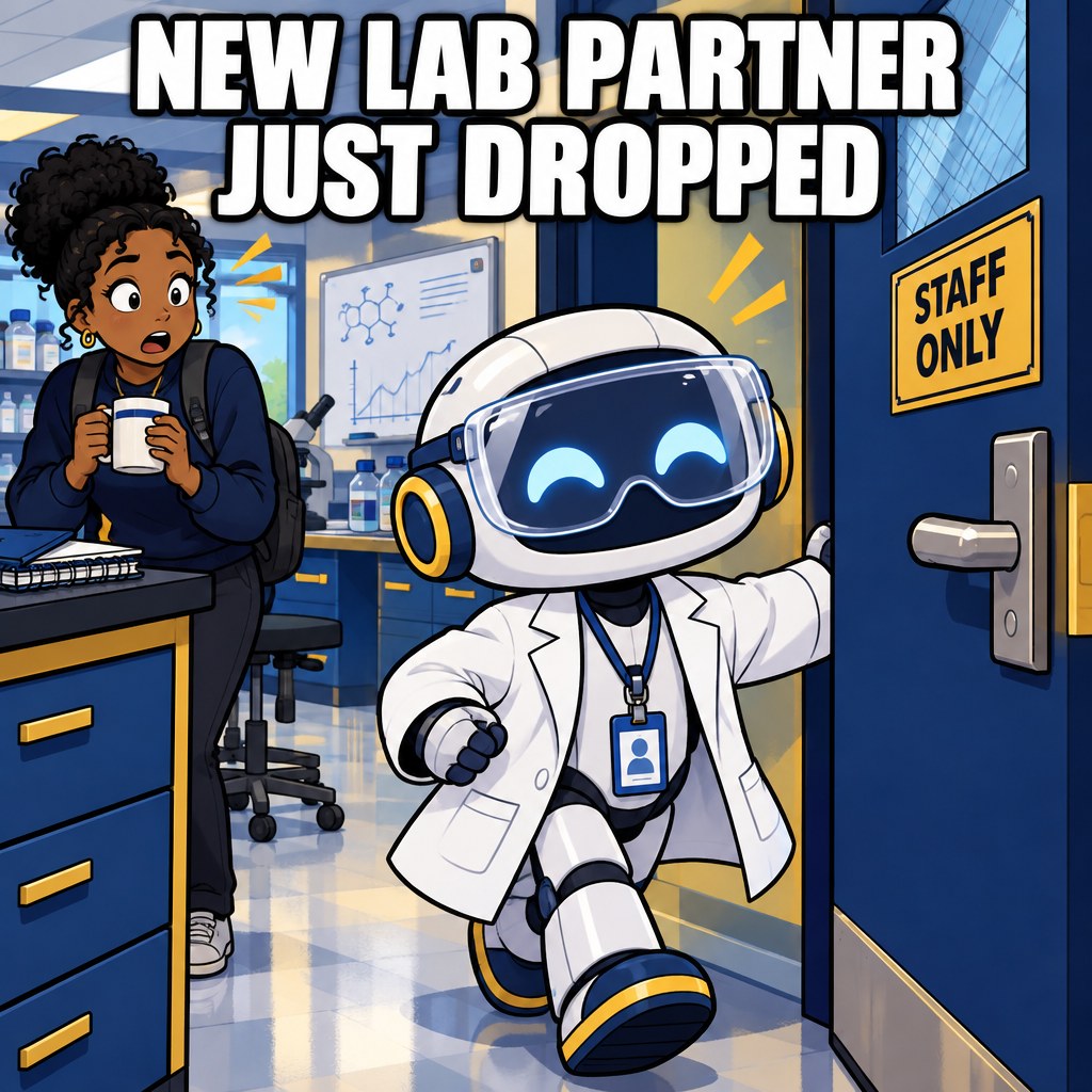 A cartoon robot in a lab coat badges into a university lab door while a grad student looks on in shock