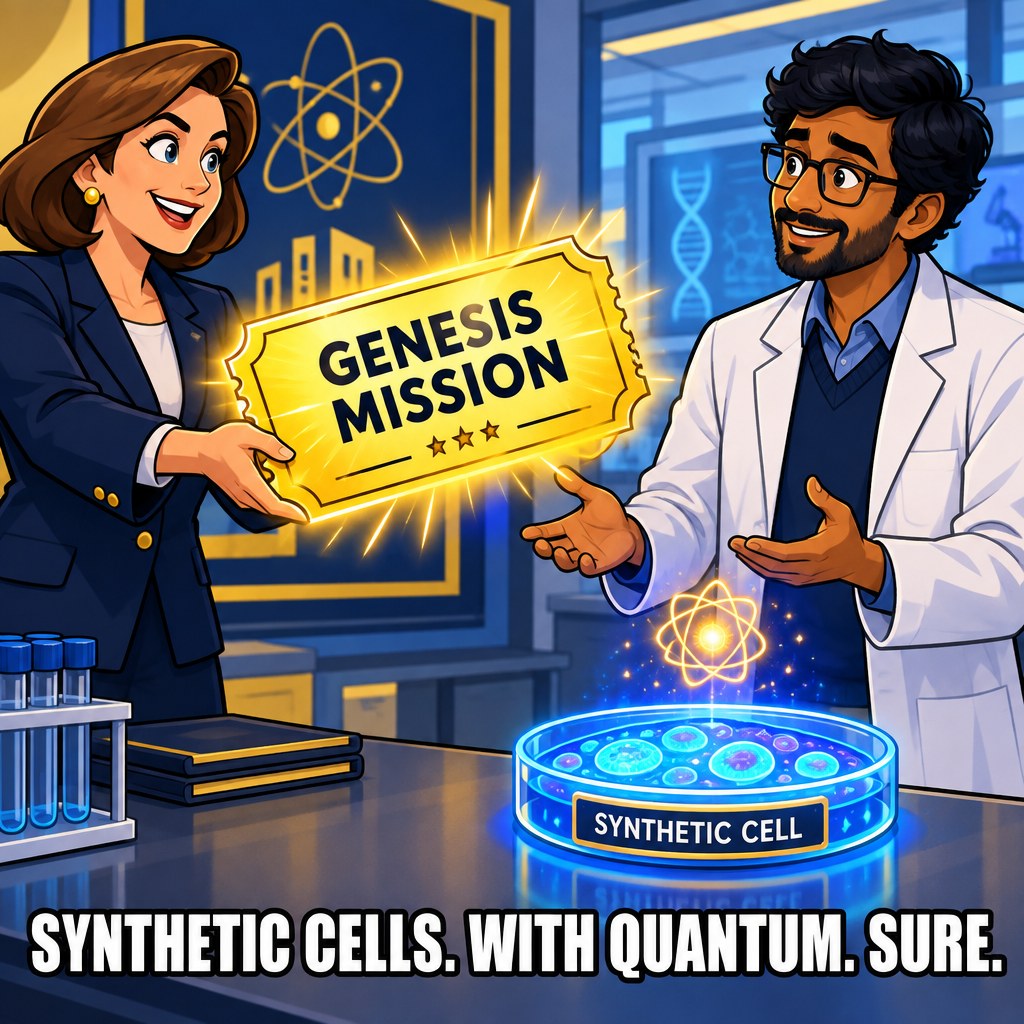 A DOE official hands a golden ticket labeled Genesis Mission to a professor next to a glowing petri dish