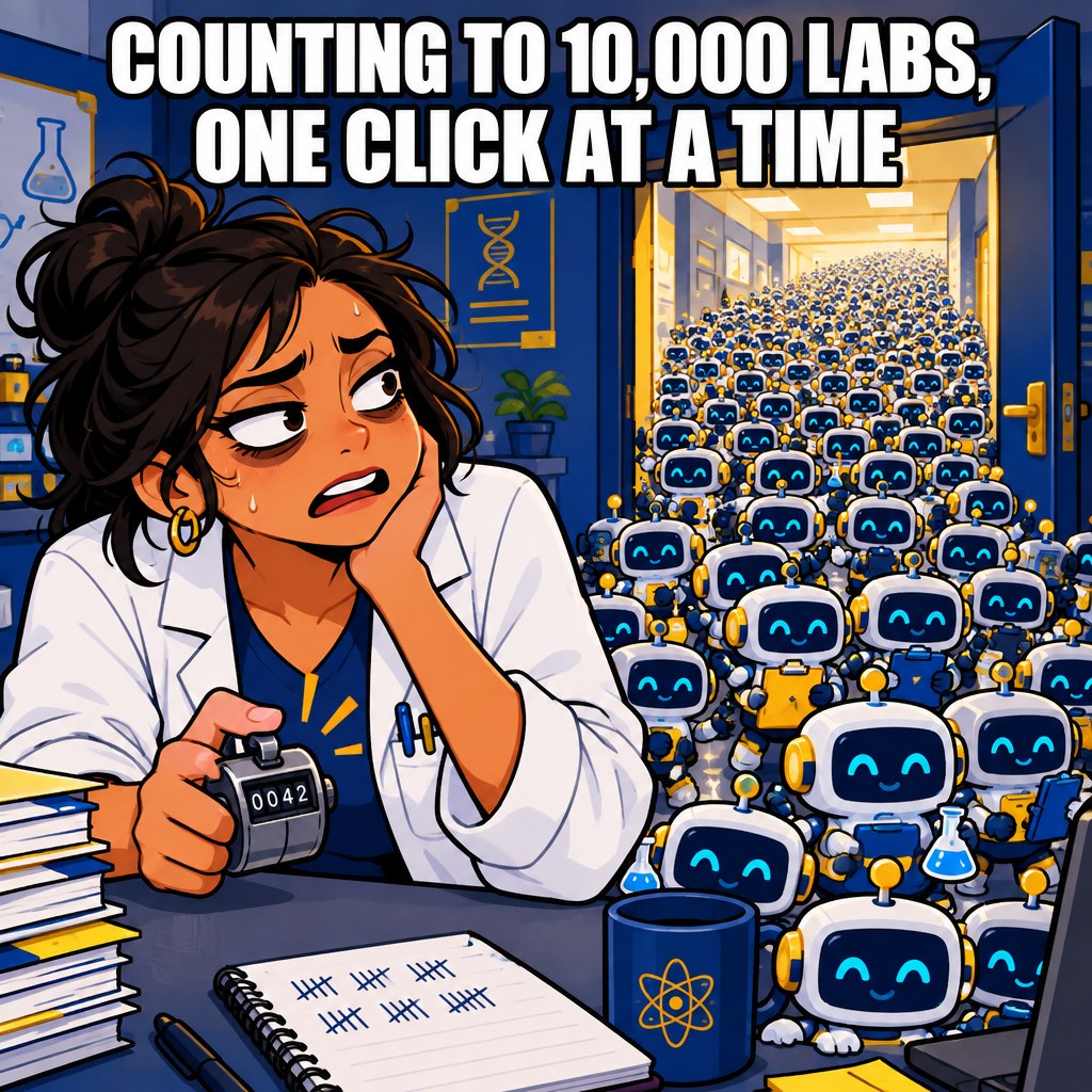 An exhausted scientist tries to count a massive swarm of tiny robot assistant icons flooding through a doorway
