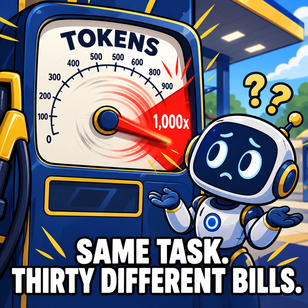 A gas-meter dial labeled tokens spins wildly past a red zone marked 1,000x while a confused robot shrugs