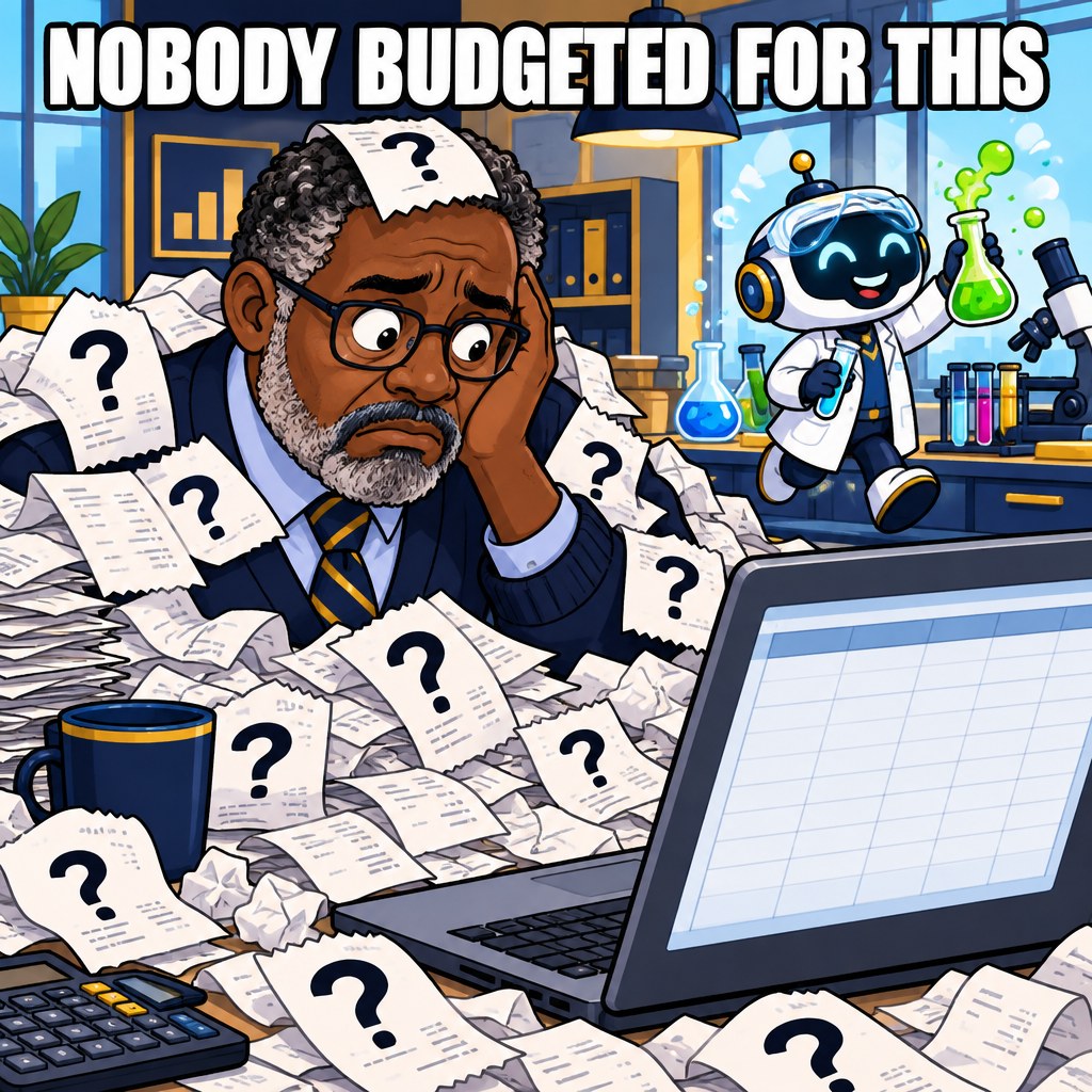 An accountant buried in receipts covered in question marks stares at a blank budget spreadsheet