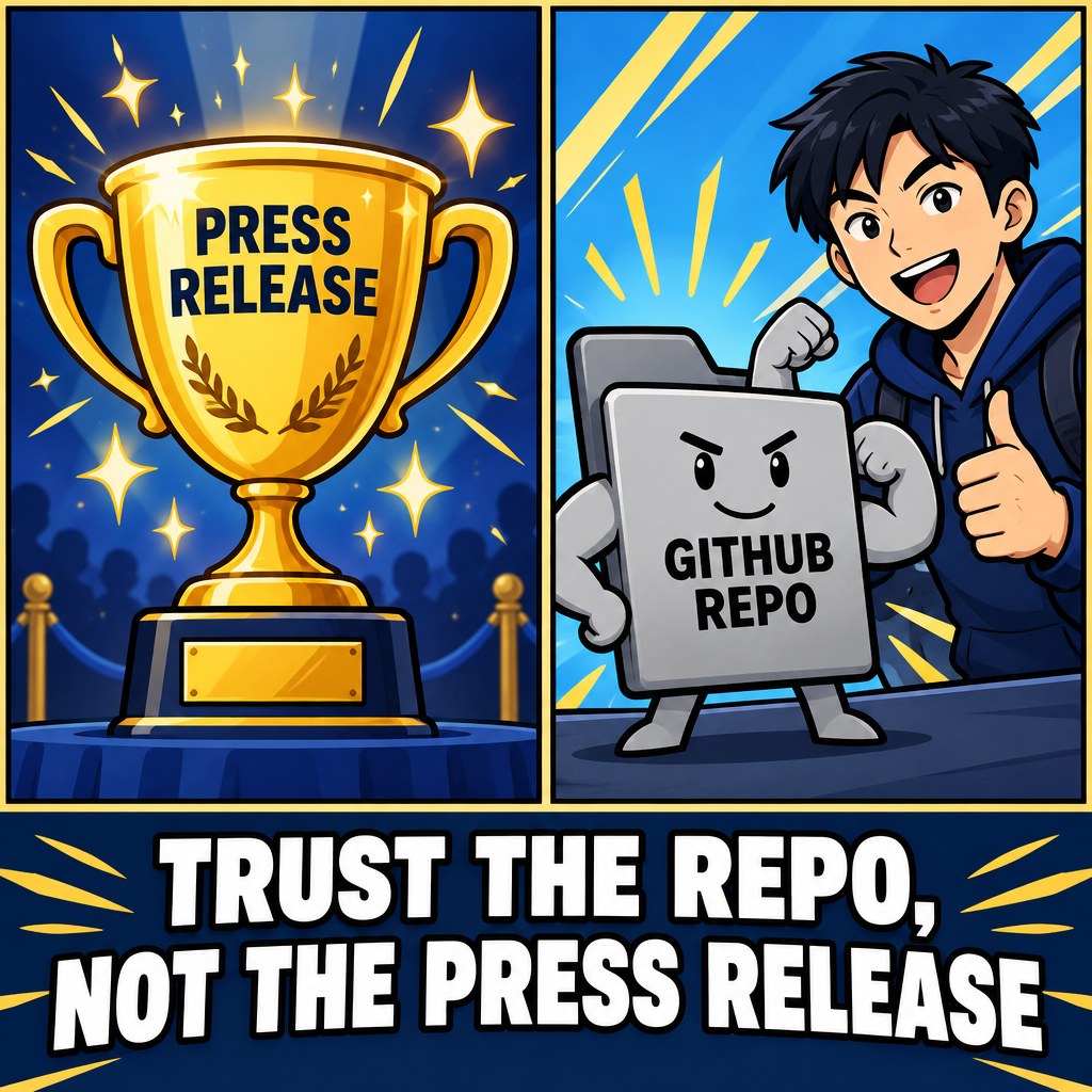 A press release trophy on a pedestal next to a plain GitHub repo folder icon flexing a bicep