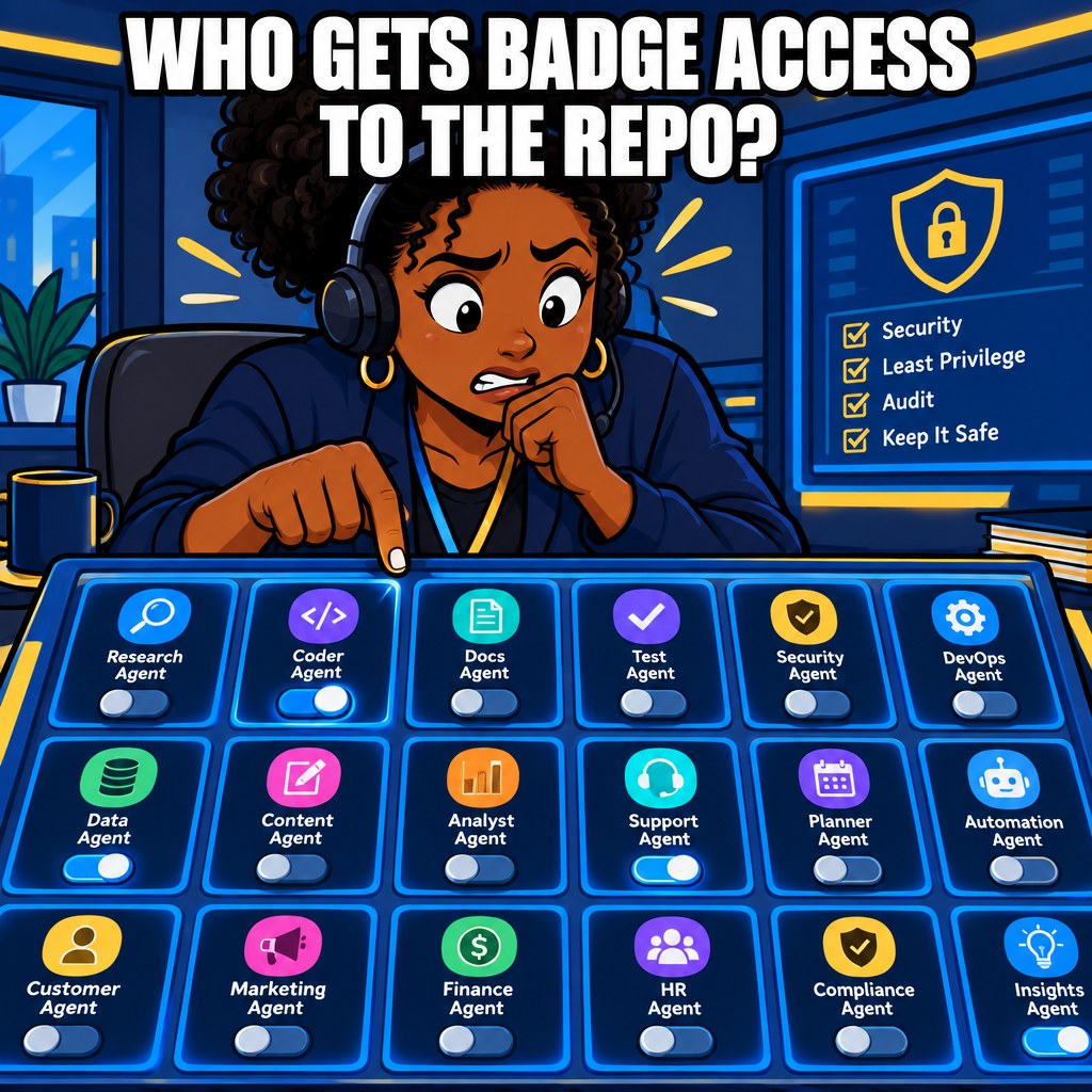 A cartoon IT admin sits at a control panel with rows of glowing toggle switches labeled with different AI agent names, nervously deciding which ones get a badge