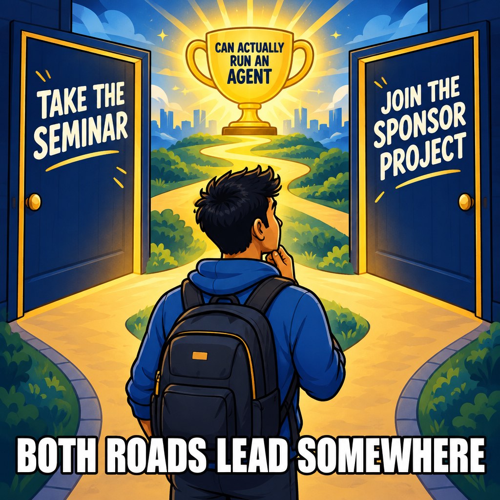 A student stands between two doors, one labeled Take The Seminar and one labeled Join The Sponsor Project, both leading to the same glowing trophy labeled Can Actually Run An Agent