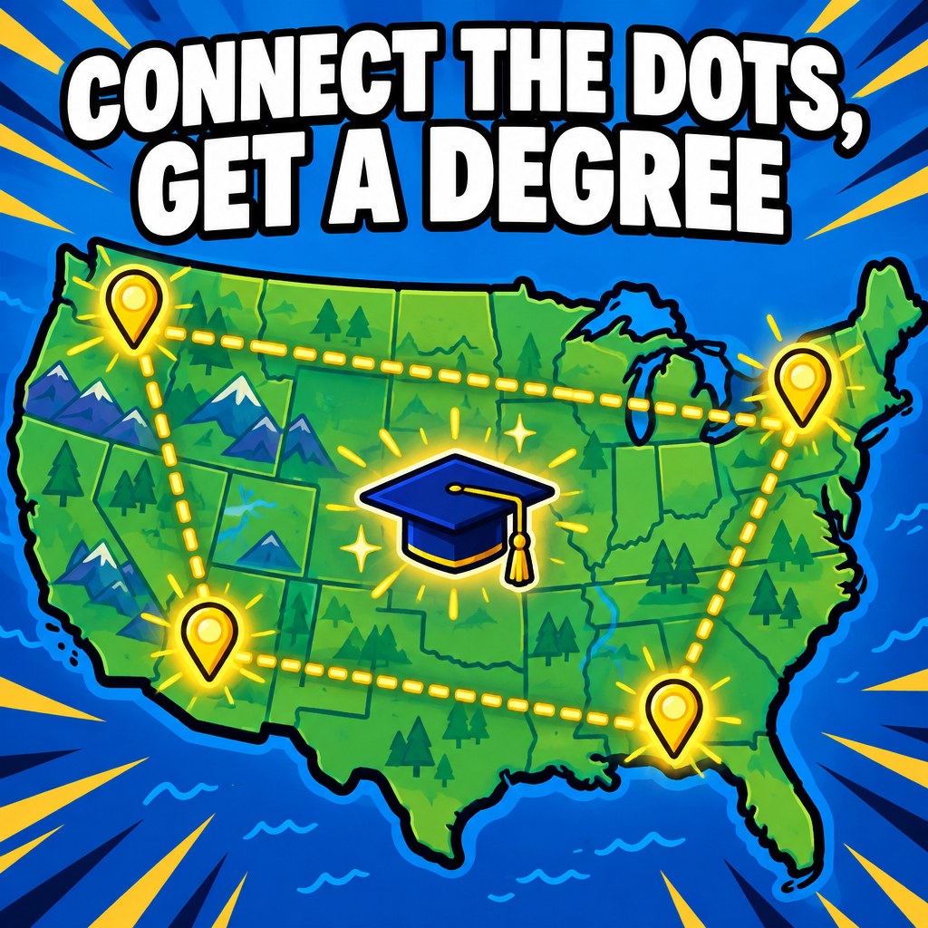 A cartoon United States map with four glowing pins connected by dotted lines forming a rough triangle, a tiny graduation cap icon floating in the middle