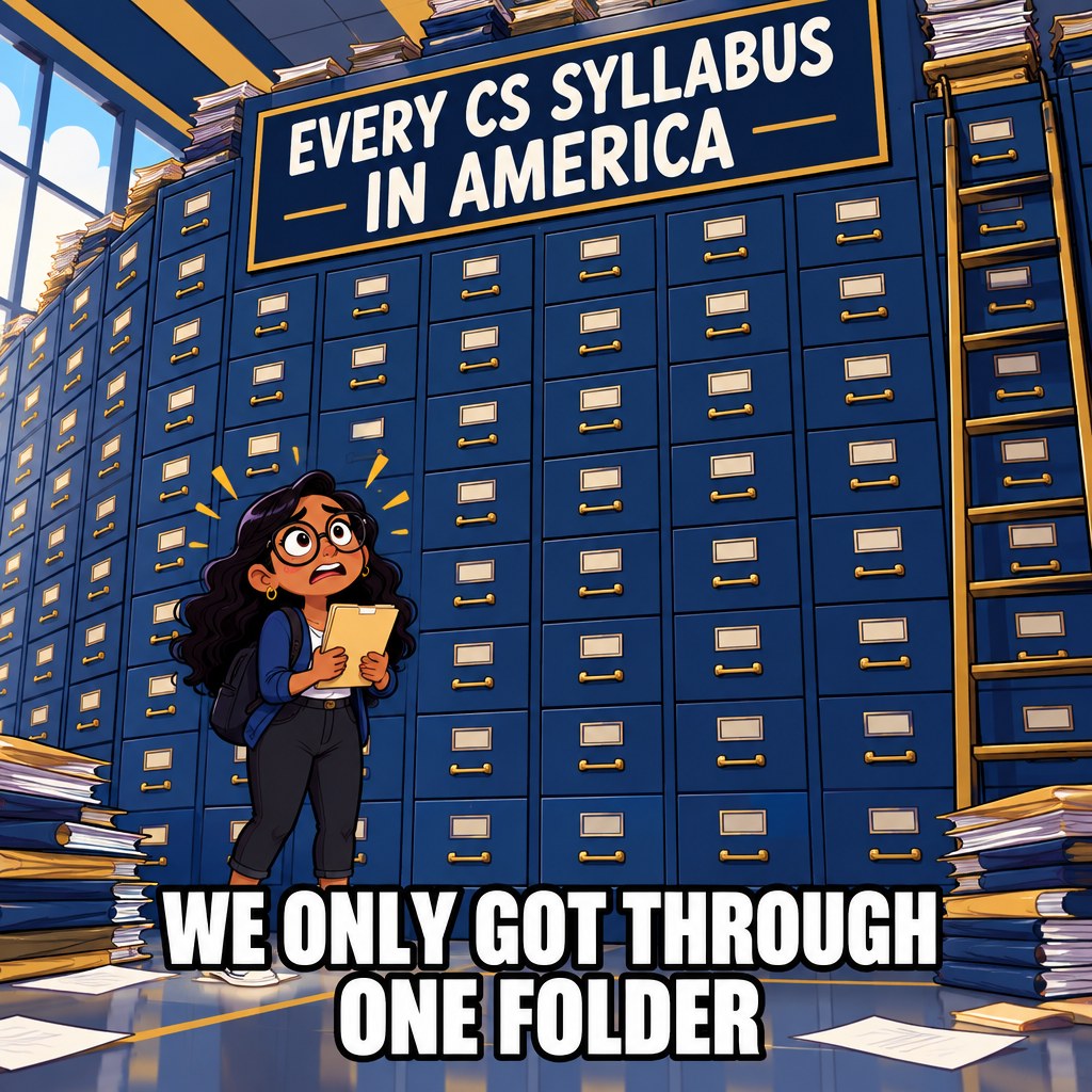 A researcher stands in front of a giant filing cabinet labeled Every CS Syllabus In America, holding a single folder, visibly overwhelmed