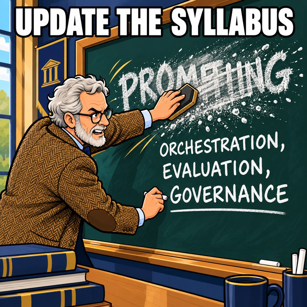 A professor stands at a chalkboard erasing the word PROMPTING and writing ORCHESTRATION, EVALUATION, GOVERNANCE in its place