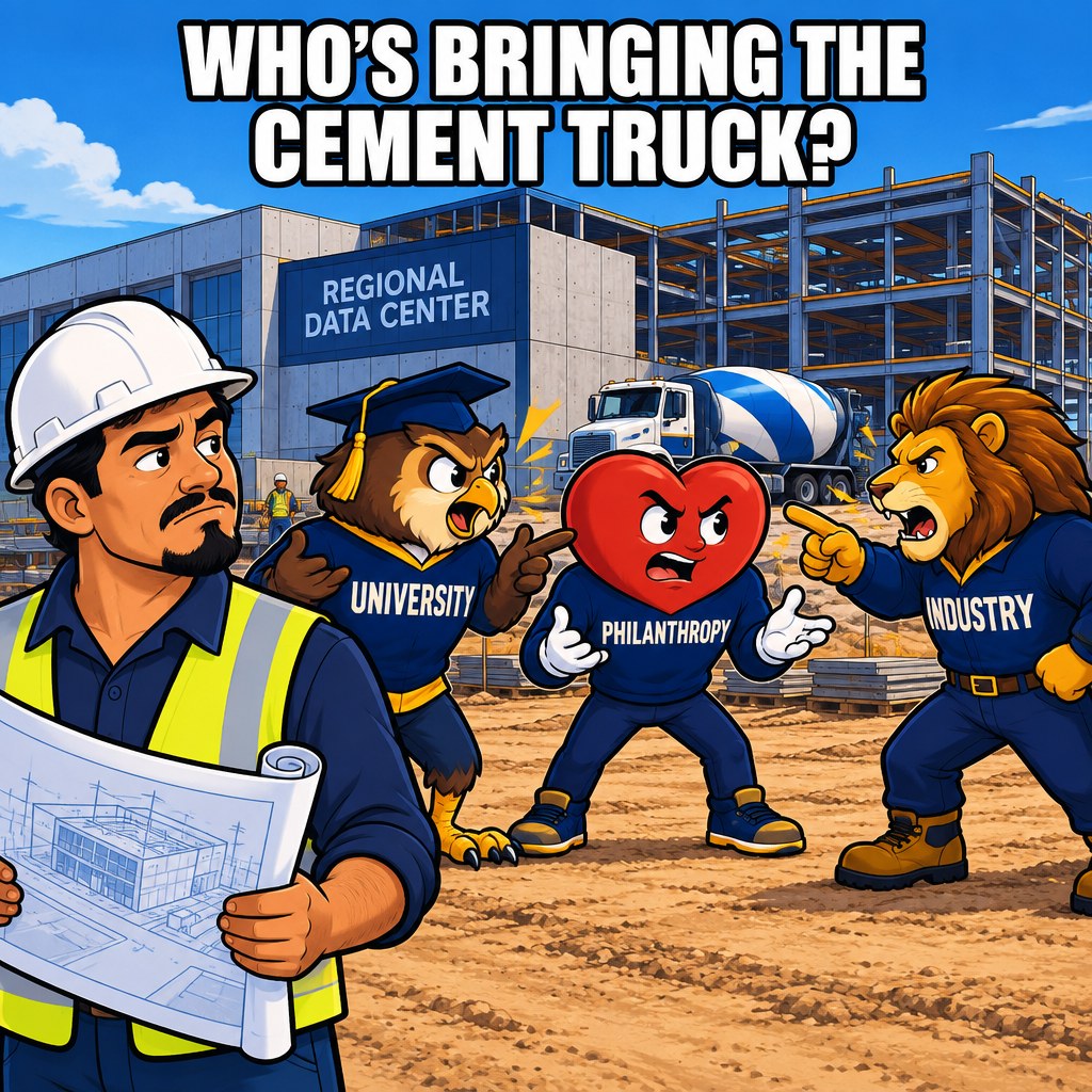 A cartoon contractor stands in front of a half-built regional data center holding blueprints while three different mascots labeled university, philanthropy, and industry argue over who brings the cement truck