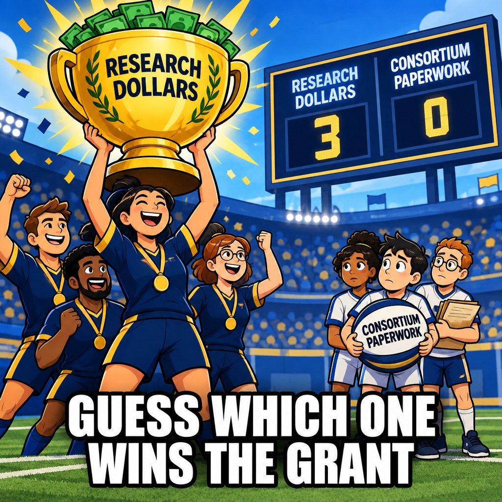 A scoreboard cartoon shows one team with a giant trophy labeled Research Dollars towering in the lead, while a much smaller team labeled Consortium Paperwork quietly holds the actual game ball