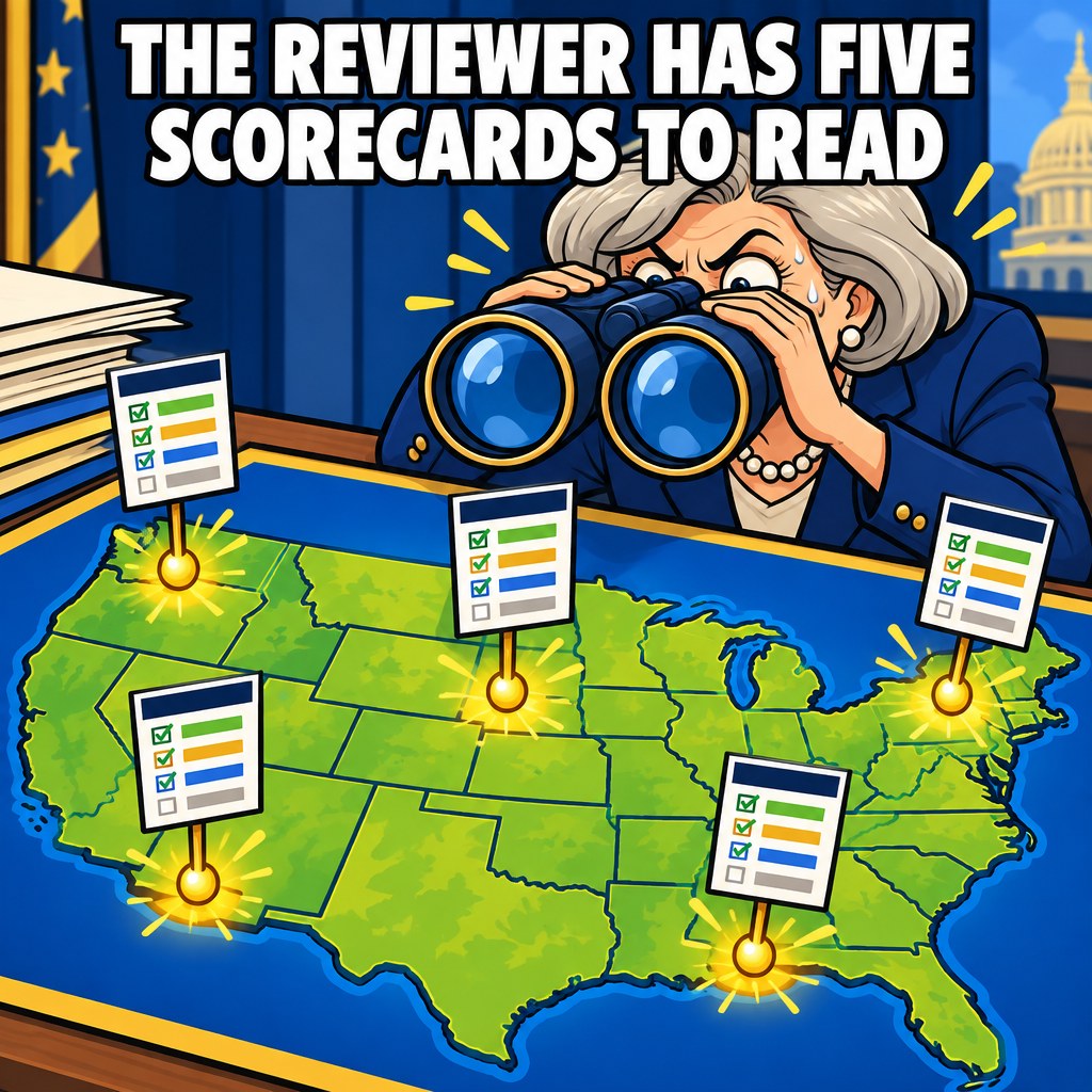 A cartoon map of the United States with five glowing pins, each pin holding up a tiny scorecard, while a nervous NSF reviewer archetype squints at all of them at once through binoculars