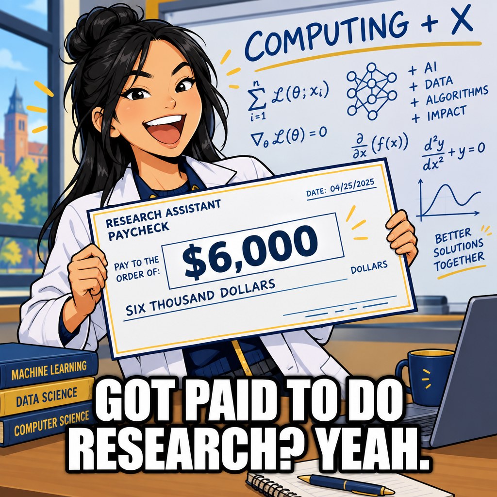 A student in a lab coat proudly holds a paycheck stub labeled six thousand dollars next to a whiteboard covered in Computing plus X equations