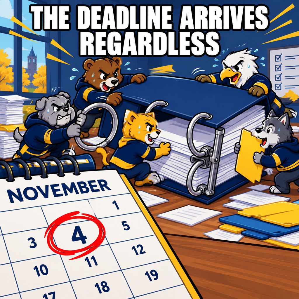 A cartoon calendar hangs on a wall with November 4 circled in red marker while five tiny university mascots scramble in the background assembling a proposal binder