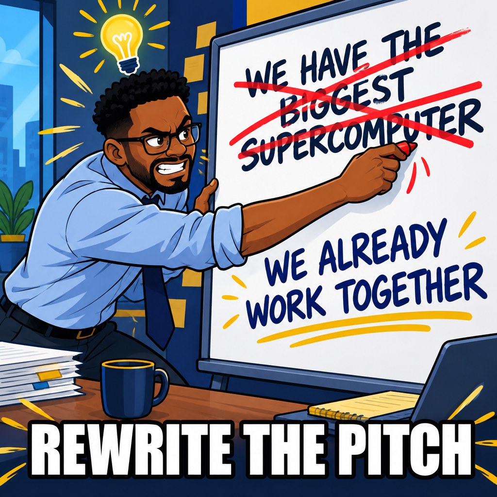 A frustrated grant-writer archetype crosses out a giant sentence reading We Have The Biggest Supercomputer and rewrites it as We Already Work Together, with a lightbulb popping overhead