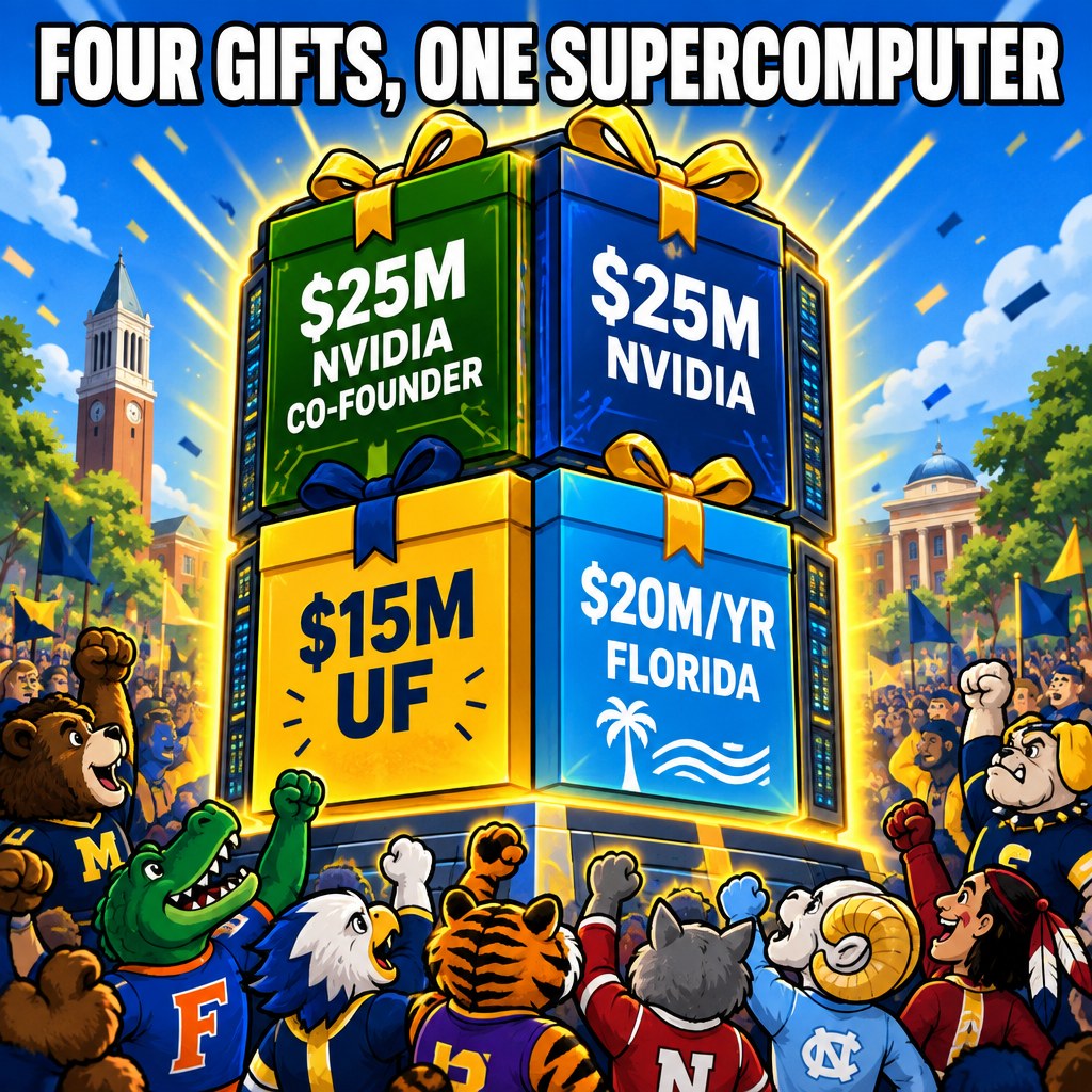 Four gift wrapped boxes labeled with dollar amounts from NVIDIA co-founder NVIDIA UF and Florida stack together to form the silhouette of a glowing supercomputer tower while mascots cheer below