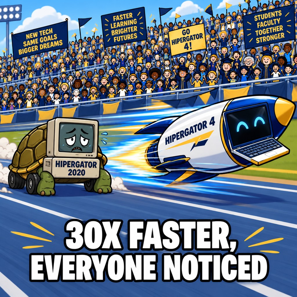 An old slow tortoise shaped computer labeled HiPerGator 2020 gets lapped by a sleek rocket shaped computer labeled HiPerGator 4 while a giant cheering crowd fills the stands
