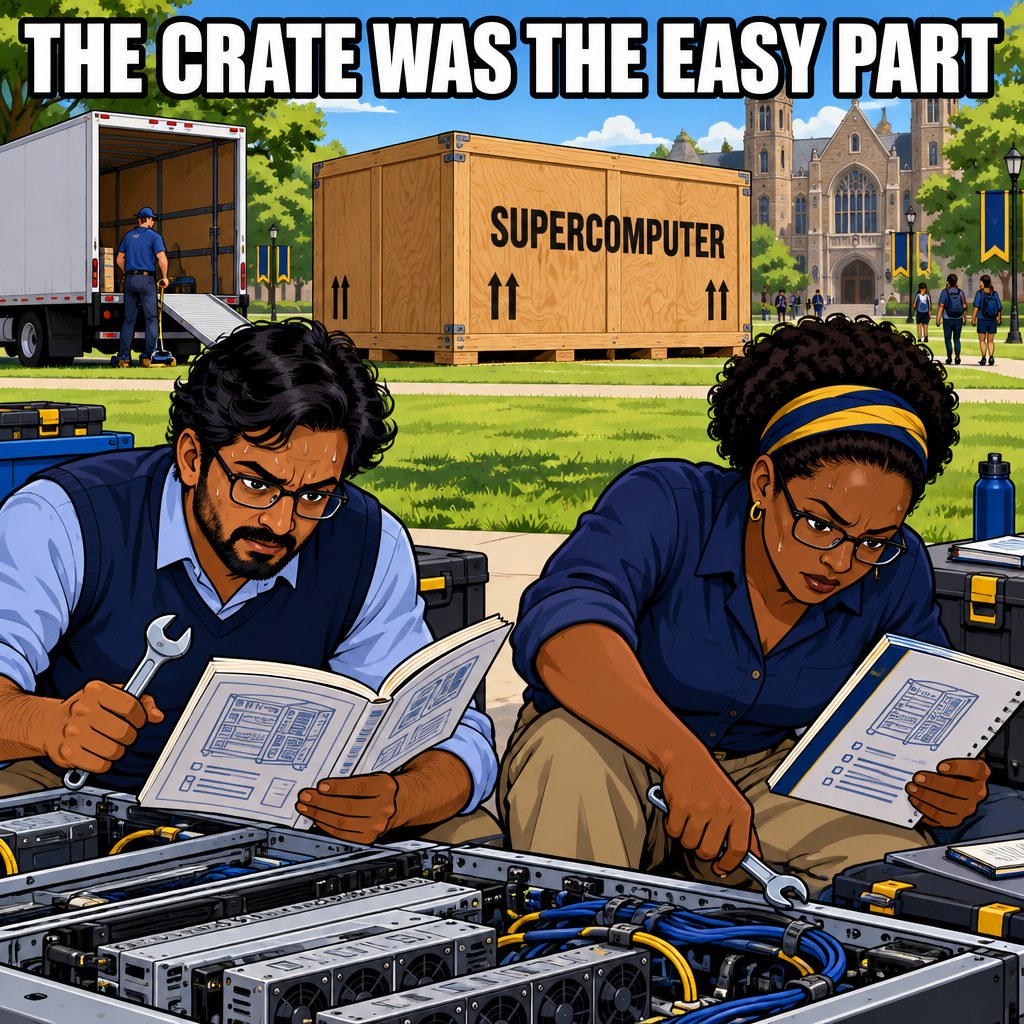 A moving truck delivers a giant sealed crate labeled supercomputer onto a campus quad while two professors in the foreground do the real work with wrenches and instruction manuals, sweat on their brows