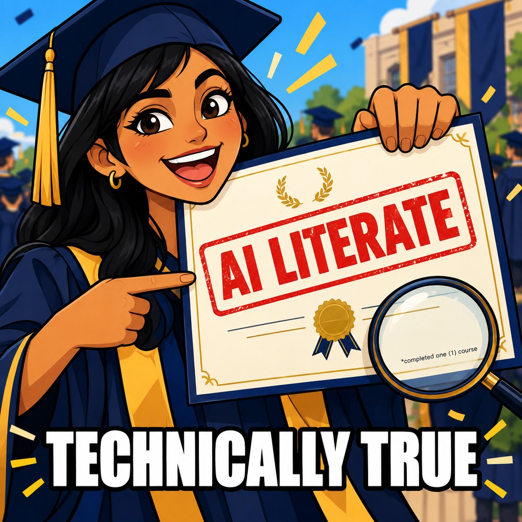 A graduate proudly holds up a diploma stamped AI literate in huge letters while a comically tiny asterisk footnote at the bottom reads completed one course in microscopic print under a magnifying glass