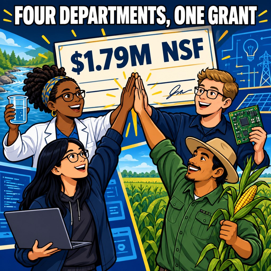 Four mismatched scientists, a hydrologist holding a water beaker, an electrical engineer holding a circuit board, a computer scientist holding a laptop, and an agronomist holding a corn stalk, high five in a circle in front of a giant novelty check