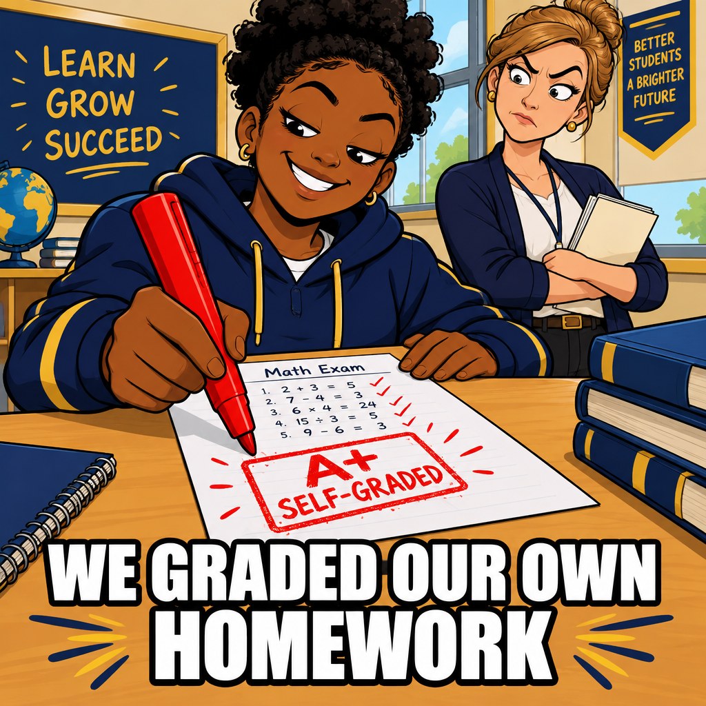A student sits at a school desk grading their own exam paper with a giant red pen, stamping it A plus self-graded, while a skeptical teacher stands behind with one eyebrow raised sky high