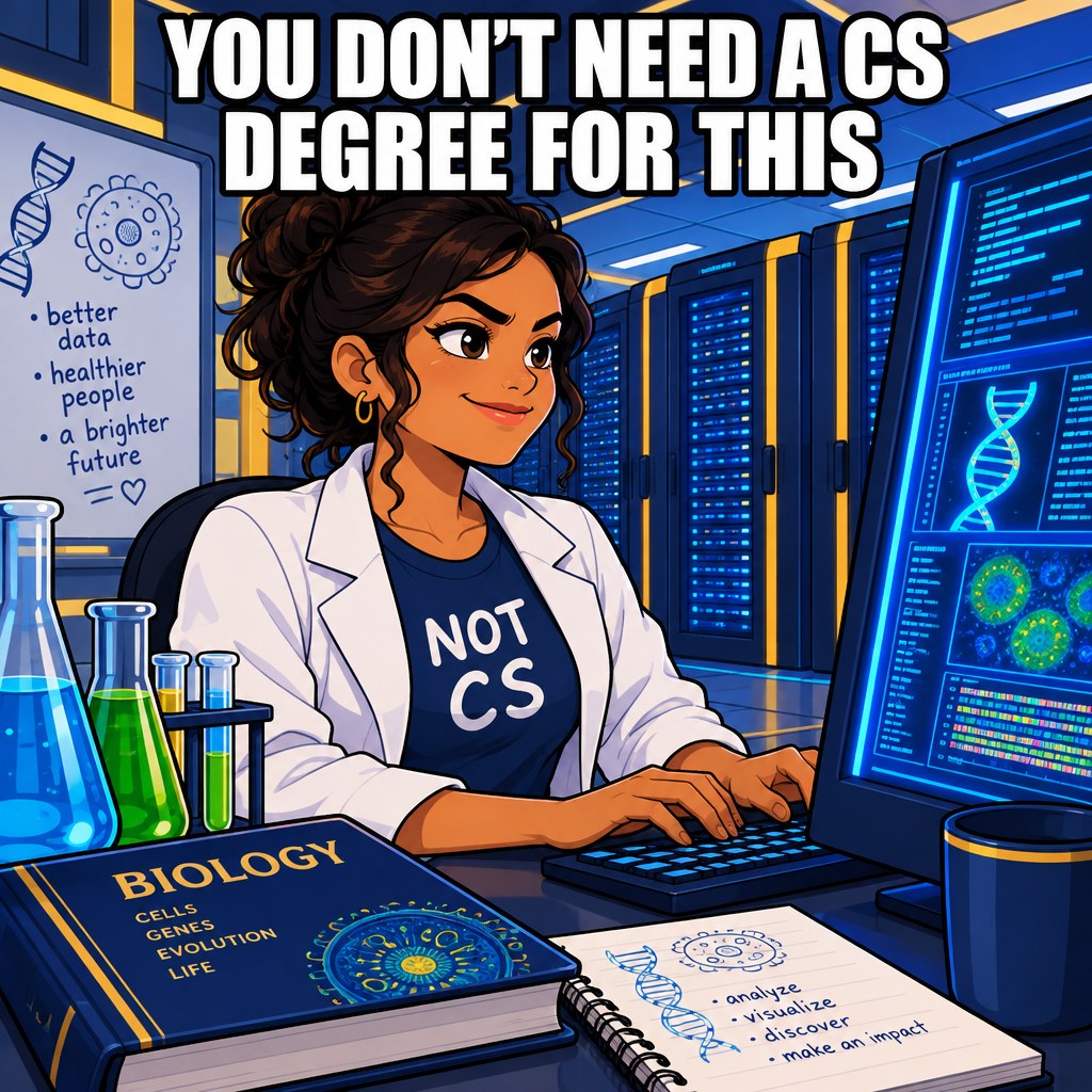 A confident student in a lab coat over a t shirt reading NOT CS sits at a glowing supercomputer terminal typing away with zero hesitation, surrounded by beakers and a biology textbook