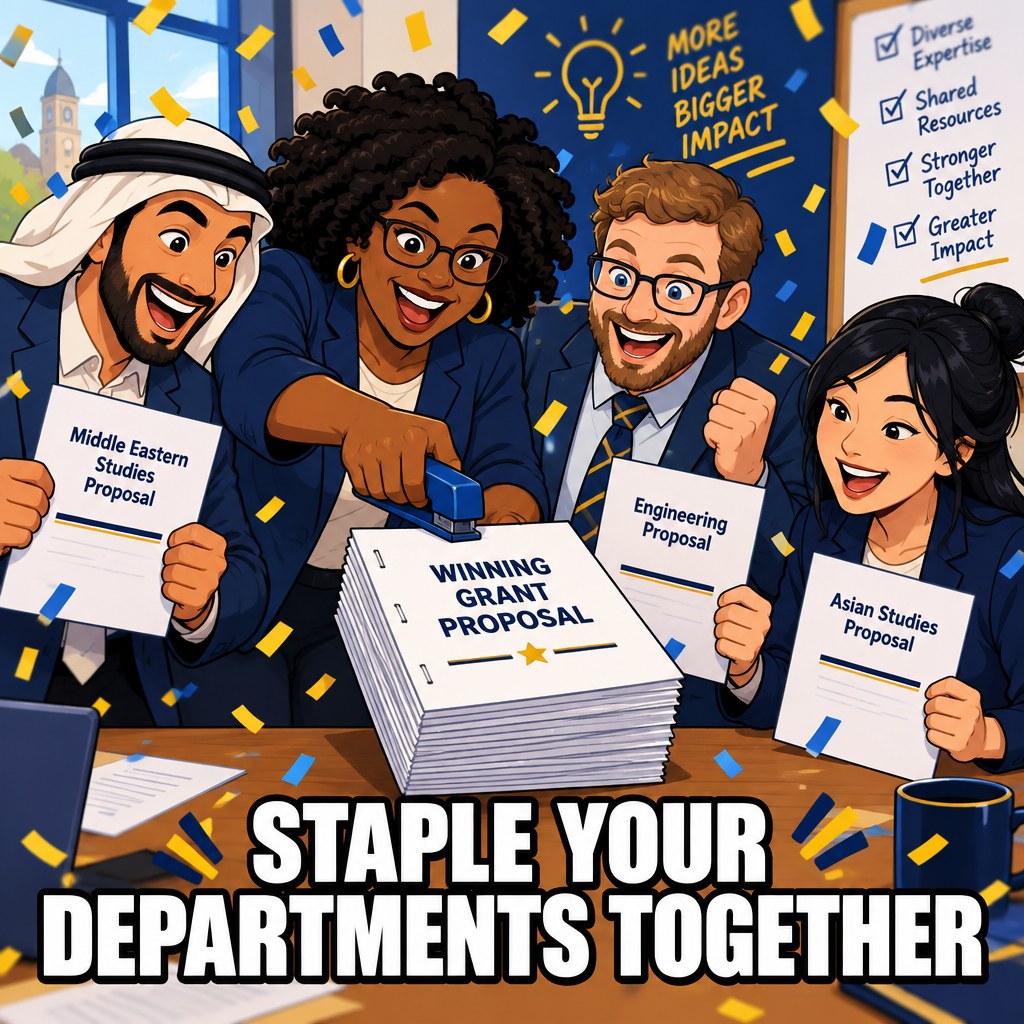 Four professor archetypes of different backgrounds each holding a thin single page proposal excitedly staple all four pages together into one thick winning grant proposal as confetti falls
