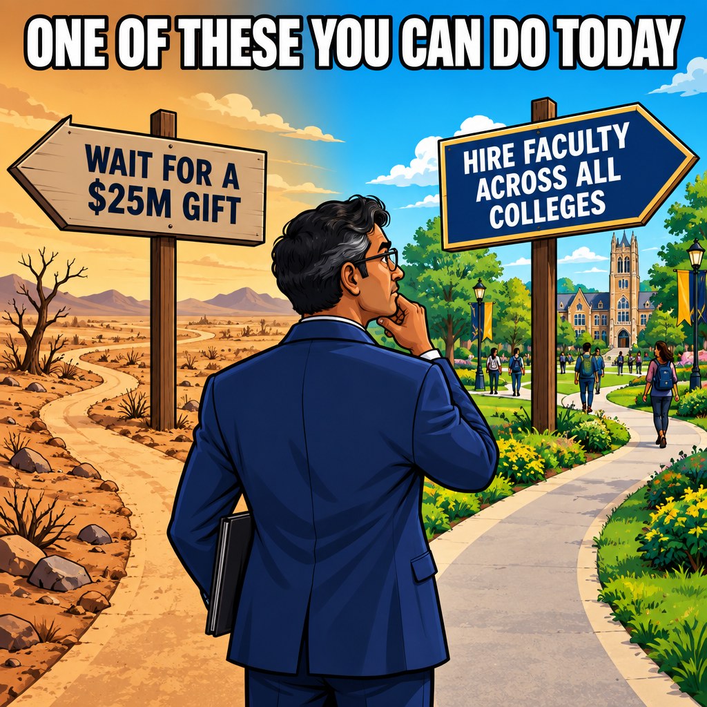 A university administrator stands at a fork in the road, one signpost reads wait for a $25 million gift pointing toward a sad barren desert, the other reads hire faculty across all colleges pointing toward a lush thriving green campus