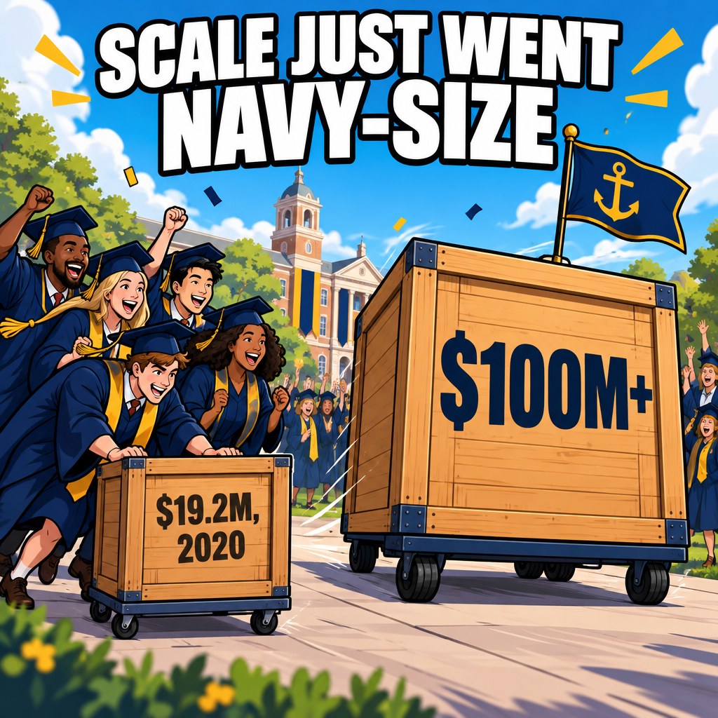 A small crate labeled $19.2 million 2020 is wheeled away by cheering students while a much larger crate labeled $100 million plus rolls in with a small anchor flag on top