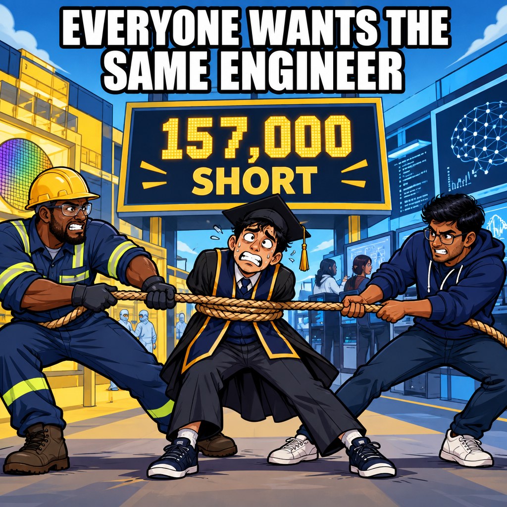 A tug of war where a chip fab worker and an AI lab engineer both pull a rope tied around one exhausted graduate stuck in the middle, a scoreboard behind reads 157,000 short