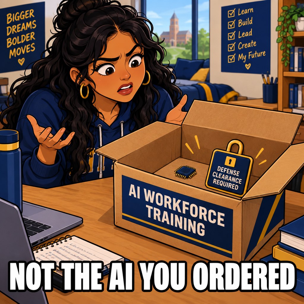 A student stares in confusion at an open delivery box labeled AI workforce training that only contains a microchip and a padlock icon labeled defense clearance required