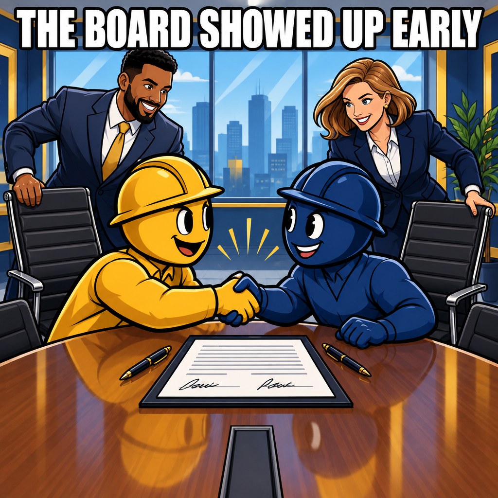 Two hard hat wearing engineering school mascot figures shake hands over a signed document while a businessman and a businesswoman in suits are already pulling up chairs at the head of the table
