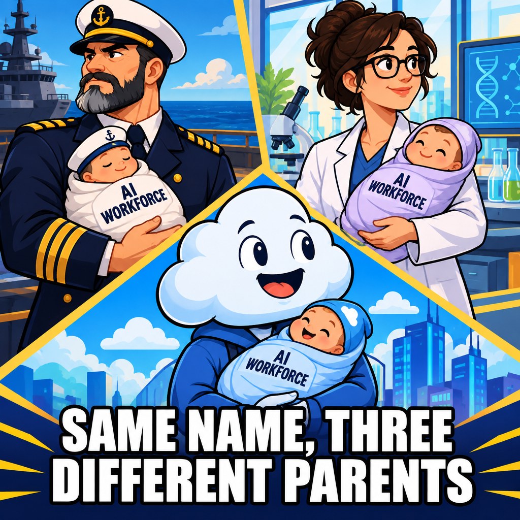 Three cartoon parent figures, a Navy captain, a lab coat scientist, and a cheerful cloud shaped tech company mascot, each hold a different baby labeled AI workforce, none looking at each other