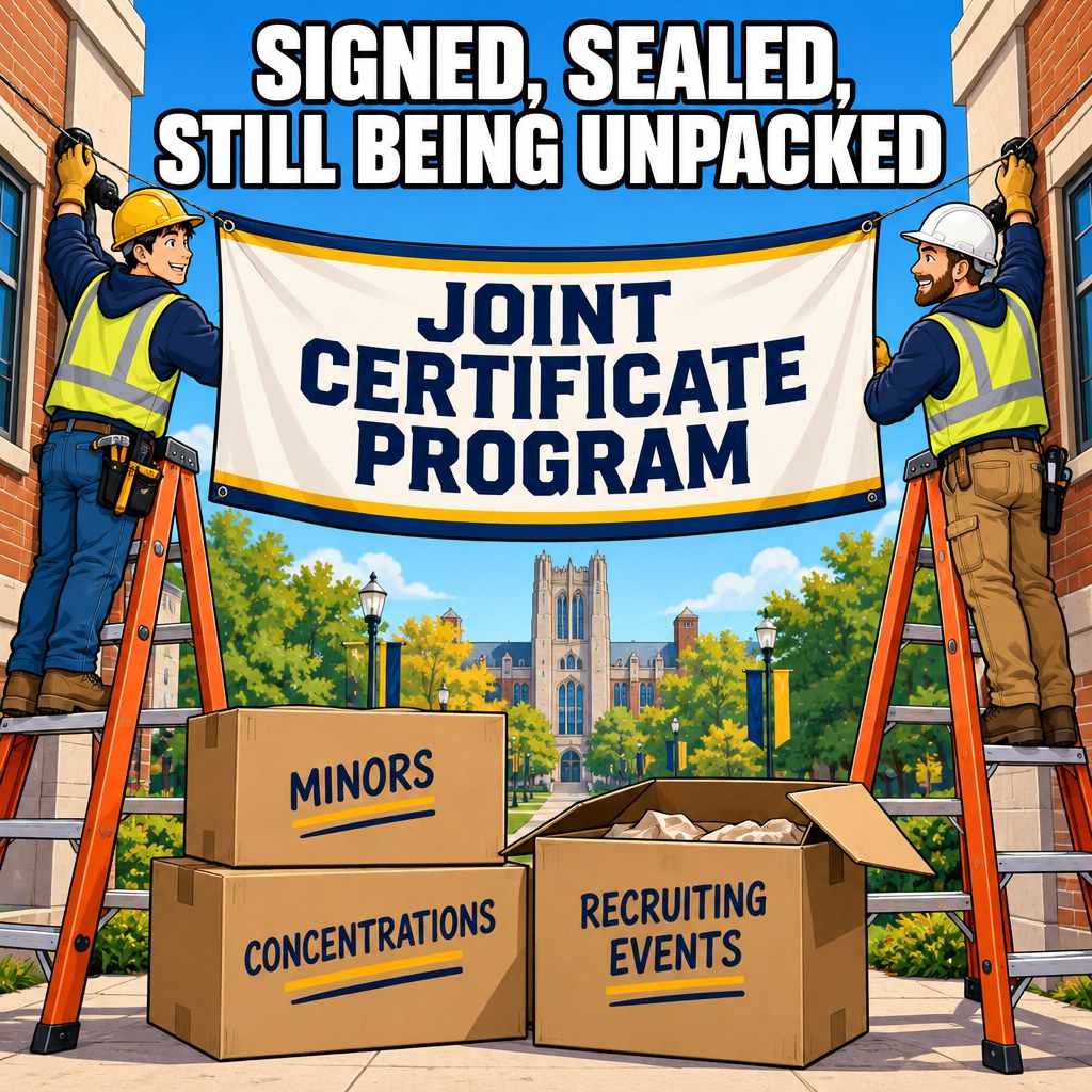 Two construction workers on ladders hang a giant banner reading joint certificate program between two campus buildings, cardboard boxes labeled minors concentrations and recruiting events stacked below