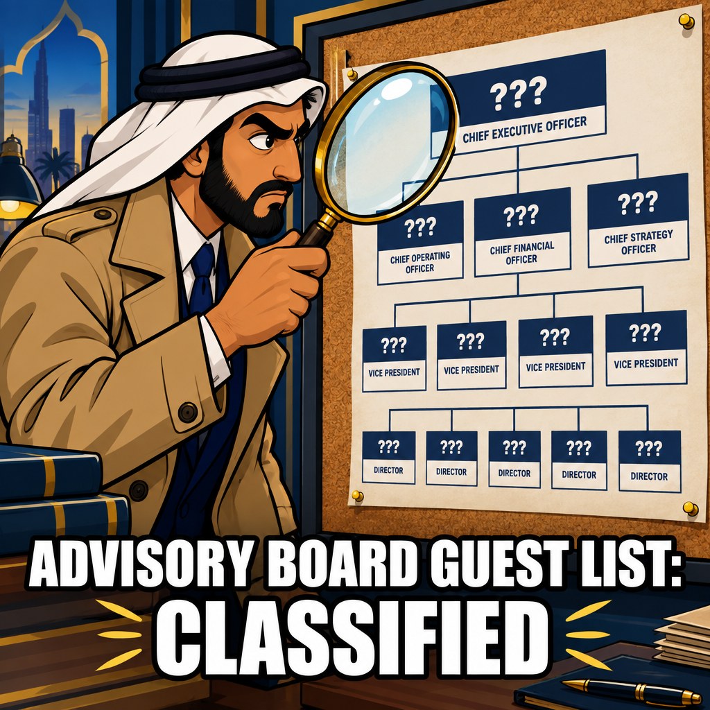 A detective in a trench coat holds a giant magnifying glass up to a mostly blank company org chart where every box that should have an employer name instead just reads three question marks