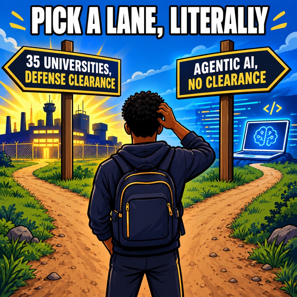 A student stands scratching his head at a fork in a dirt road, one signpost reads 35 universities defense clearance pointing toward a glowing factory, the other reads agentic AI no clearance pointing toward a laptop