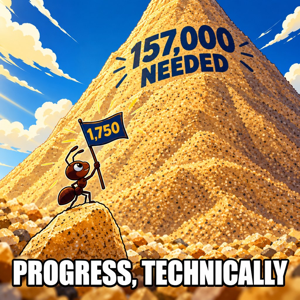 A tiny ant proudly plants a victory flag on one grain of sand labeled 1,750 while an enormous mountain of sand labeled 157,000 needed looms behind it